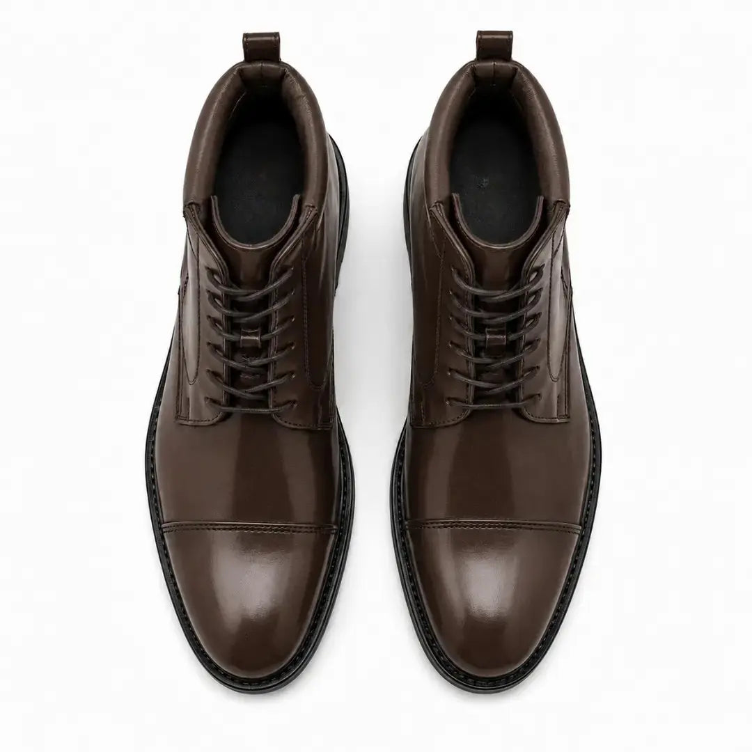 Melodiapelle Manteca Combat Boot in dark brown leather, pair top-down view, handcrafted in Agra