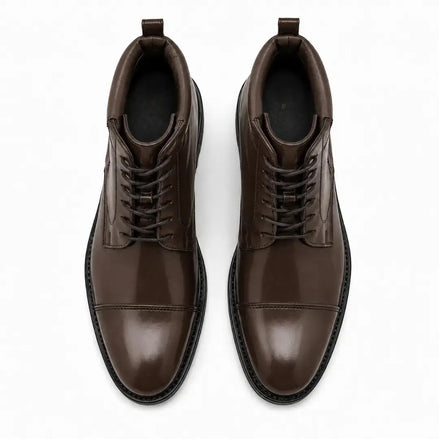 Melodiapelle Manteca Combat Boot in dark brown leather, pair top-down view, handcrafted in Agra