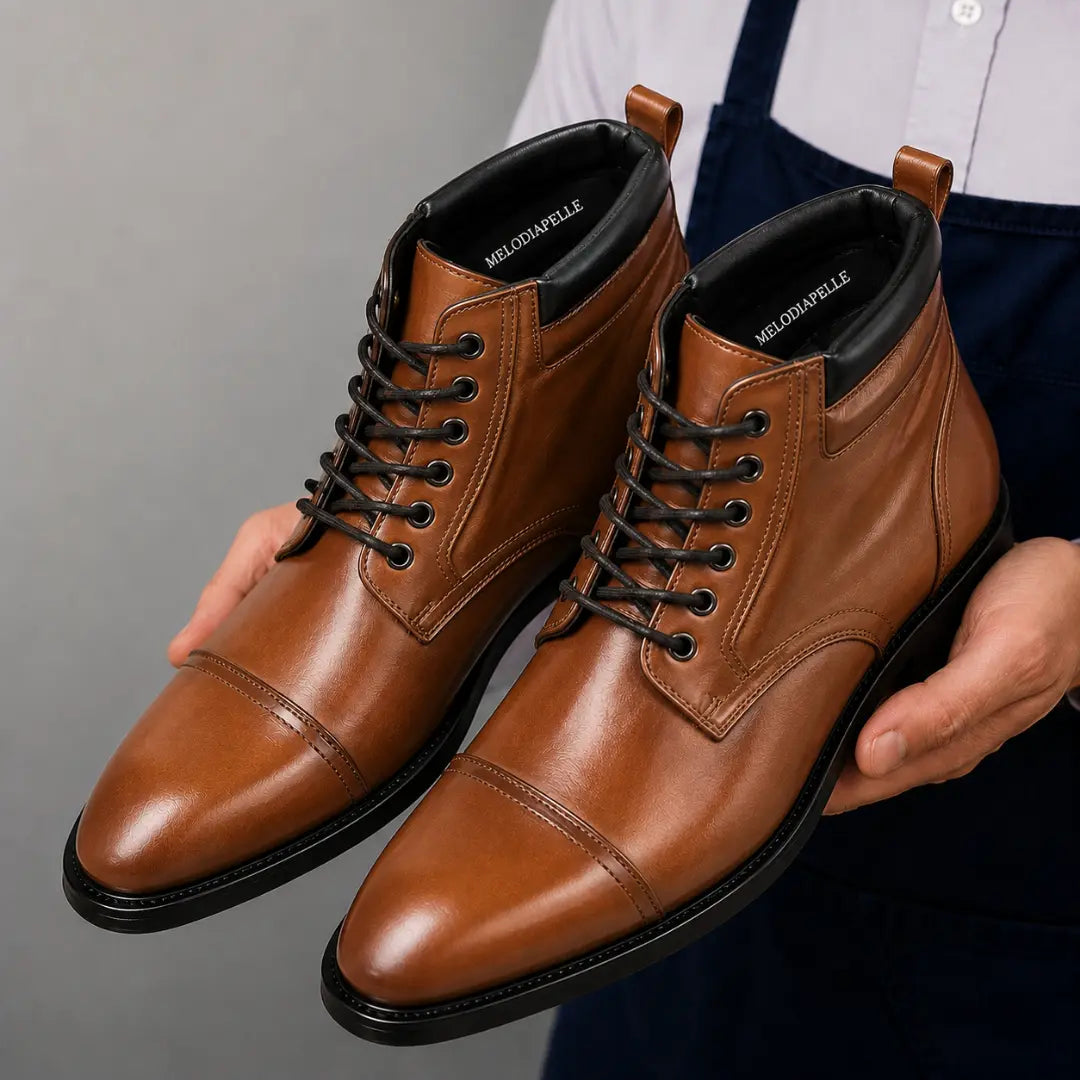 Man holding a pair of Melodiapelle Manteca Combat Boots in tan leather, close-up