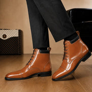 Melodiapelle Manteca Combat Boot in tan leather worn with trousers, on-feet shot