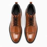 Melodiapelle Manteca Combat Boot in tan leather, pair top-down view, handcrafted in Agra