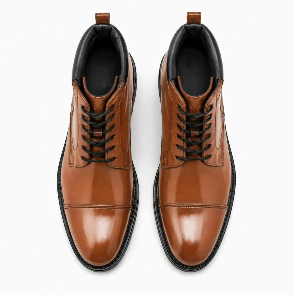 Melodiapelle Manteca Combat Boot in tan leather, pair top-down view, handcrafted in Agra