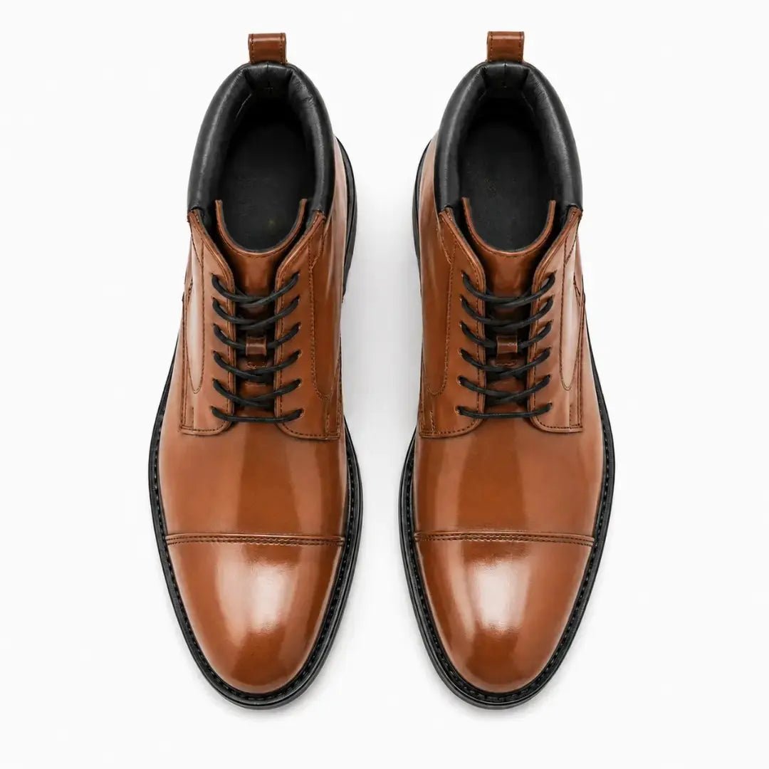 Melodiapelle Manteca Combat Boot in tan leather, pair top-down view, handcrafted in Agra
