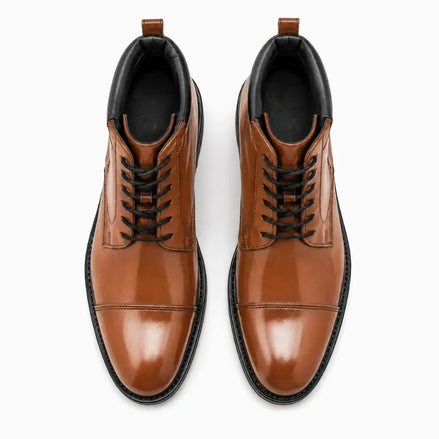 Melodiapelle Manteca Combat Boot in tan leather, pair top-down view, handcrafted in Agra