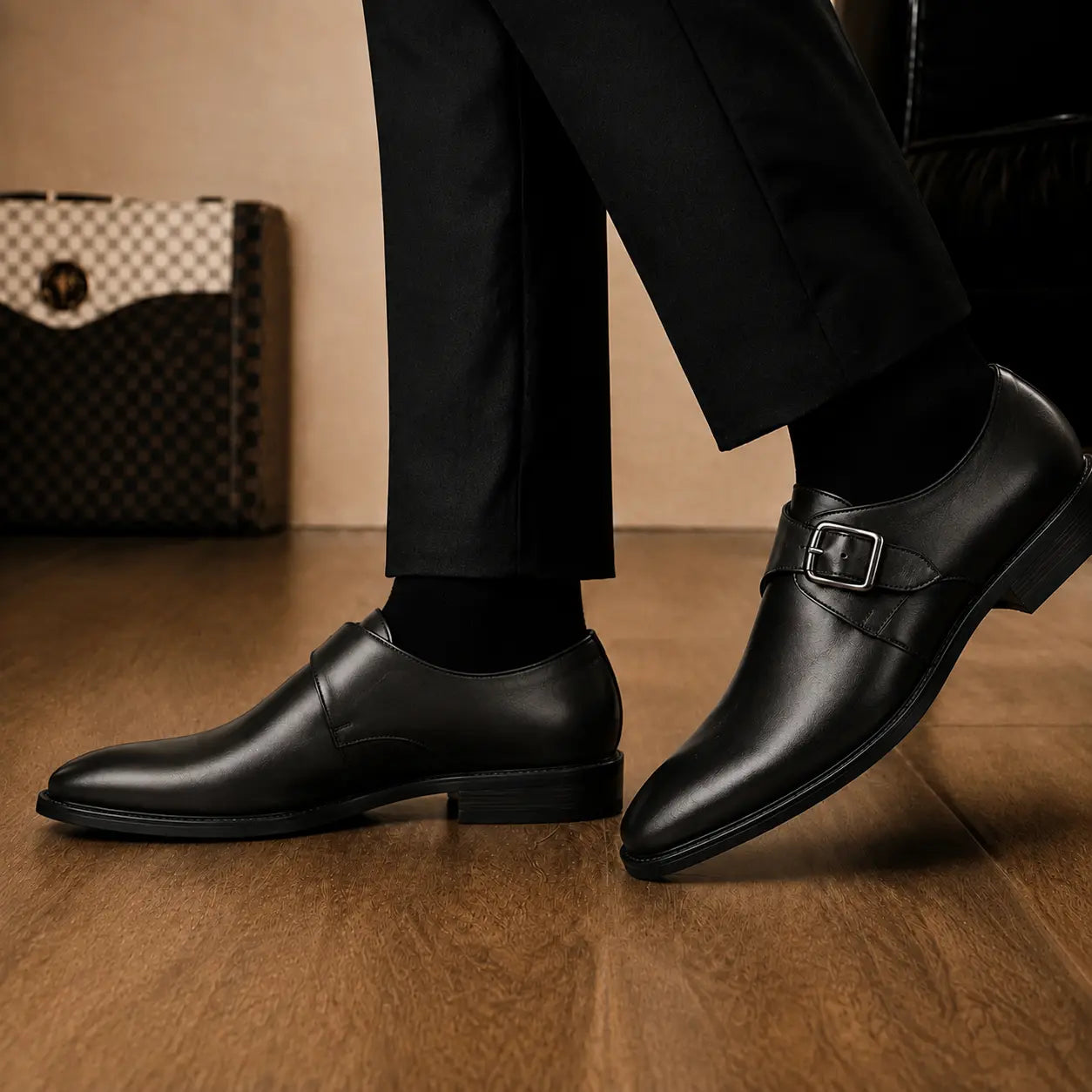 Melodiapelle Mapple Monkstrap in black leather worn with formal trousers, on-feet shot