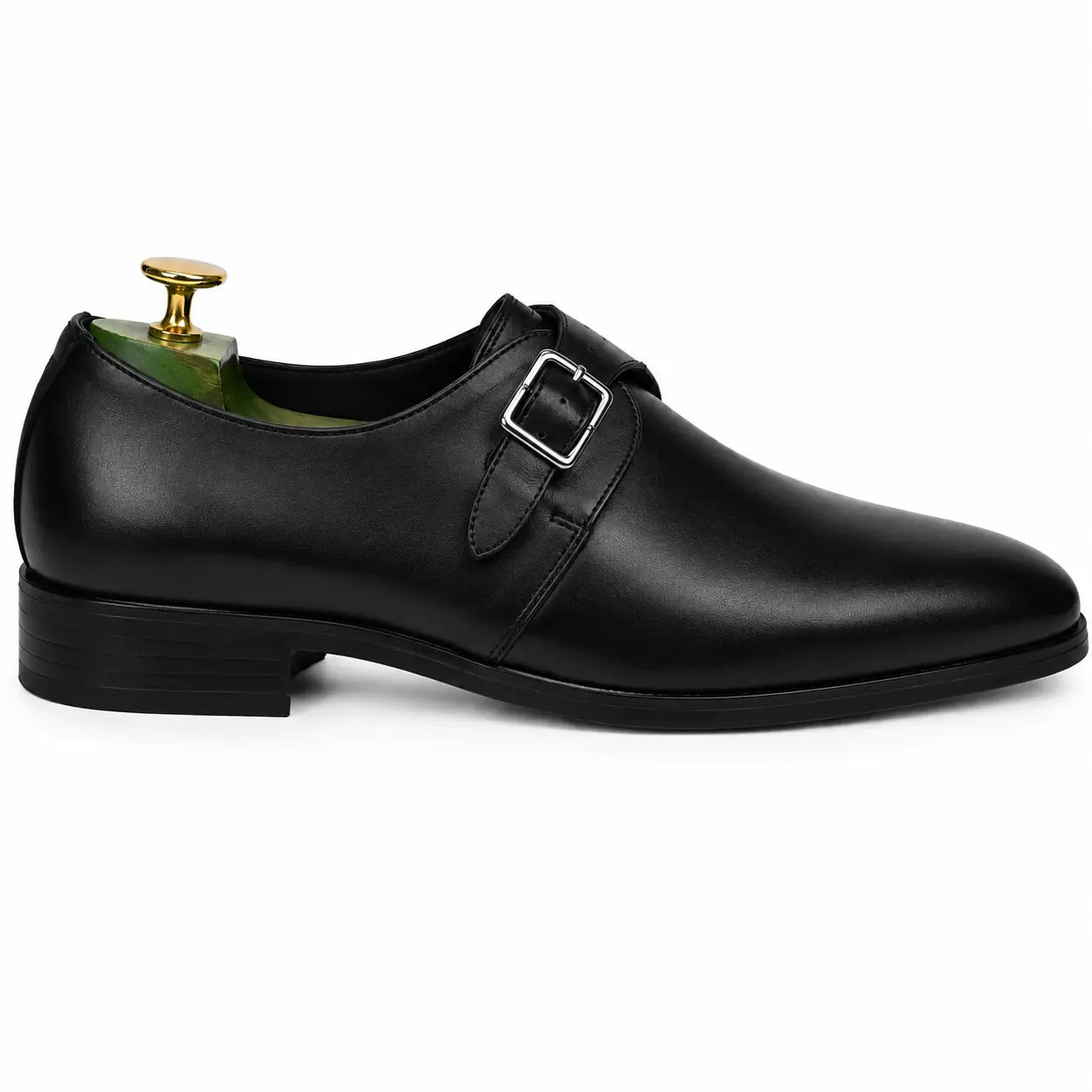 Side profile of the Mapple Monkstrap in black leather on white background