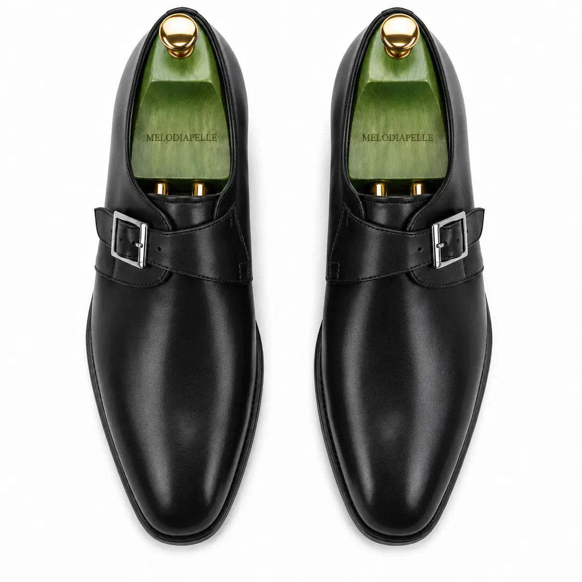 Melodiapelle Mapple Monkstrap in black leather, pair top-down view, handcrafted in Agra