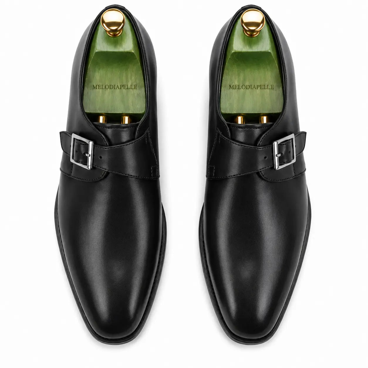 Melodiapelle Mapple Monkstrap in black leather, pair top-down view, handcrafted in Agra