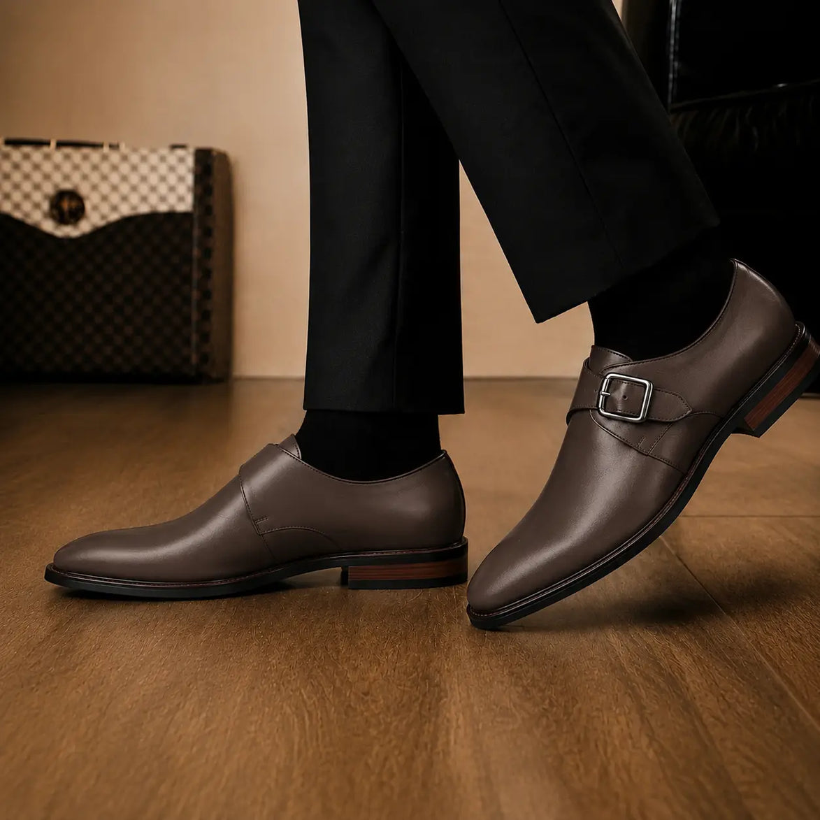 Melodiapelle Mapple Monkstrap in dark brown leather worn with formal trousers, on-feet shot