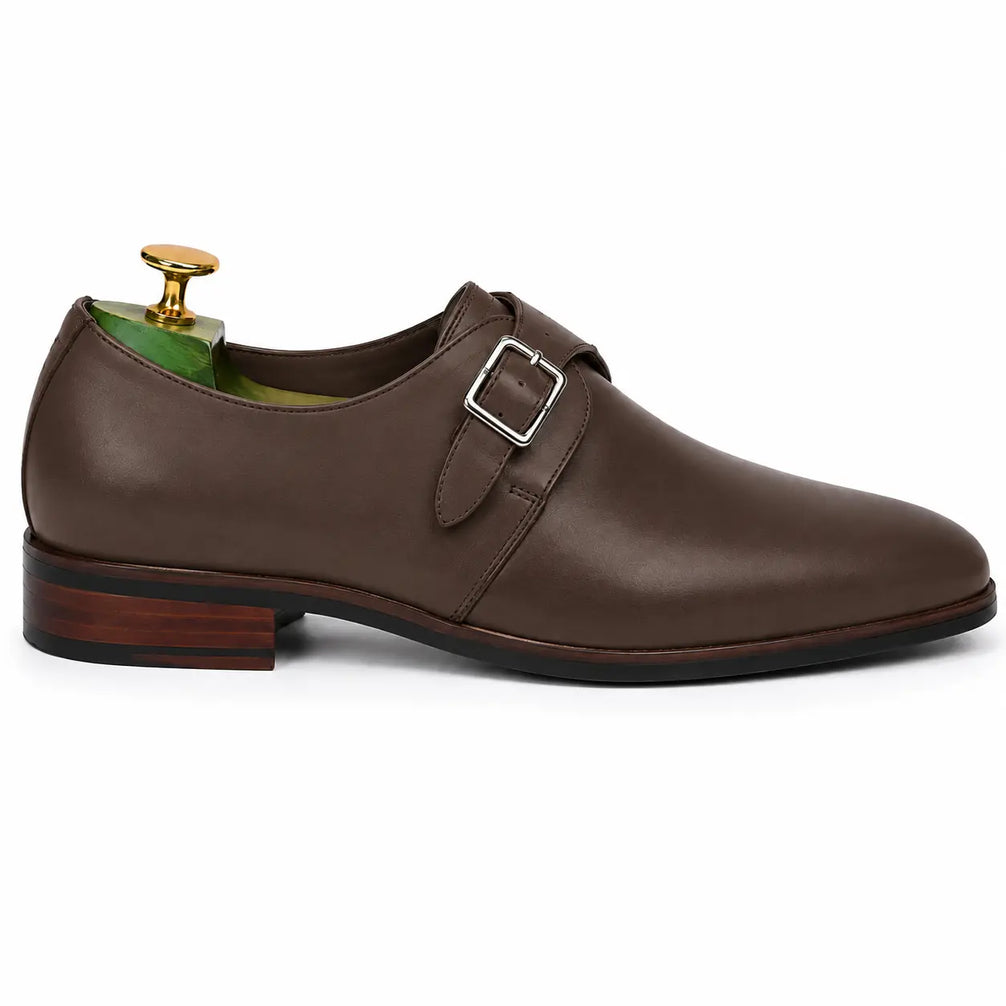 Side profile of the Mapple Monkstrap in dark brown leather on white background