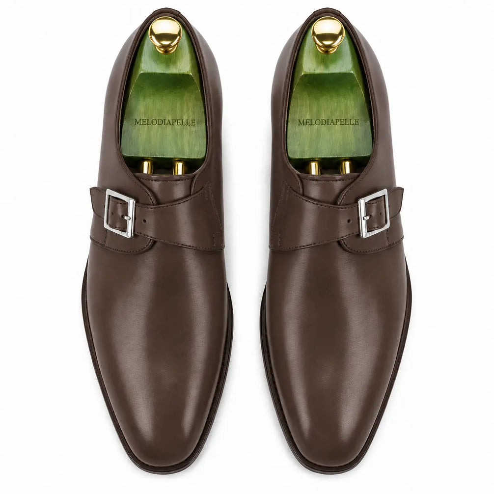 Melodiapelle Mapple Monkstrap in dark brown leather, pair top-down view, handcrafted in Agra