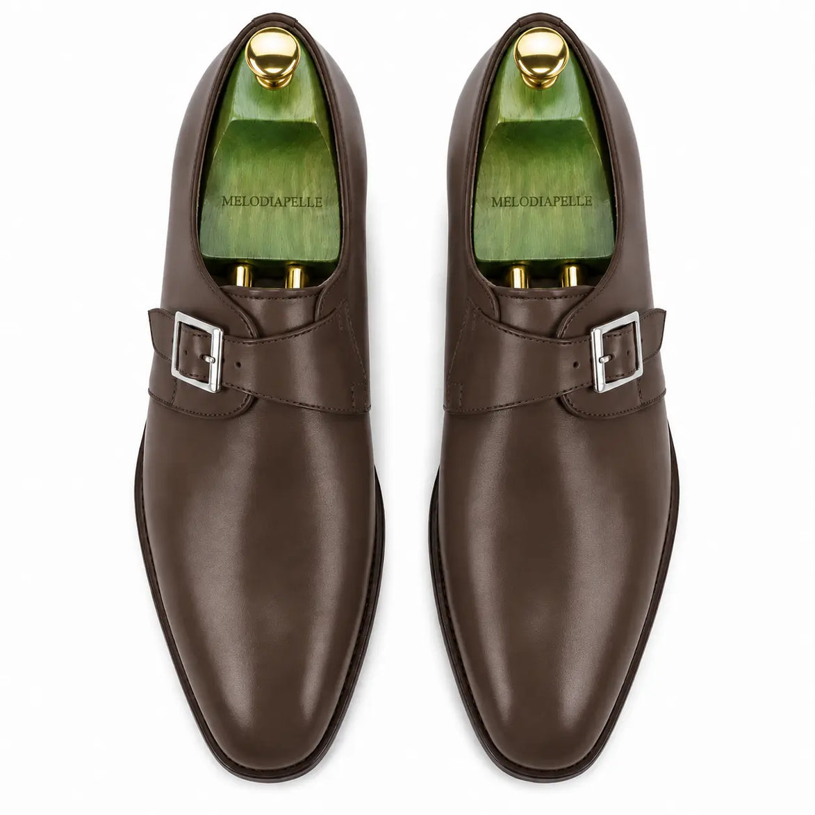 Melodiapelle Mapple Monkstrap in dark brown leather, pair top-down view, handcrafted in Agra