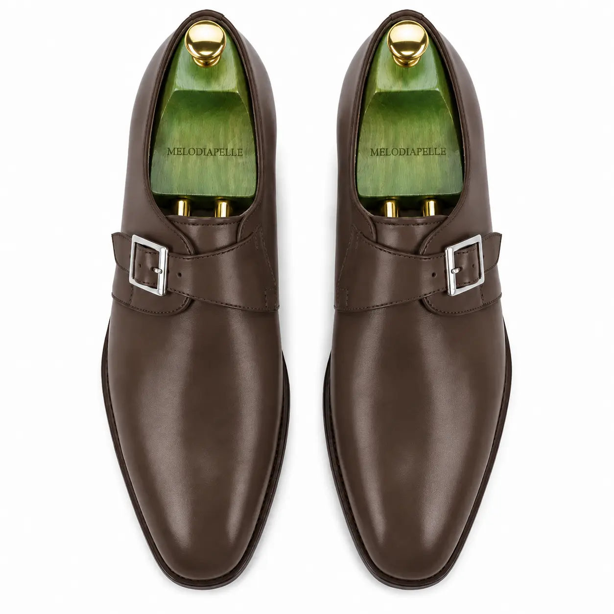 Melodiapelle Mapple Monkstrap in dark brown leather, pair top-down view, handcrafted in Agra