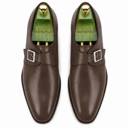 Melodiapelle Mapple Monkstrap in dark brown leather, pair top-down view, handcrafted in Agra