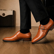 Melodiapelle Mapple Monkstrap in tan leather worn with formal trousers, on-feet shot