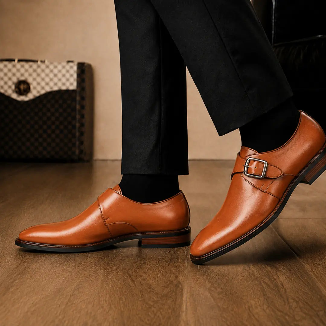 Melodiapelle Mapple Monkstrap in tan leather worn with formal trousers, on-feet shot
