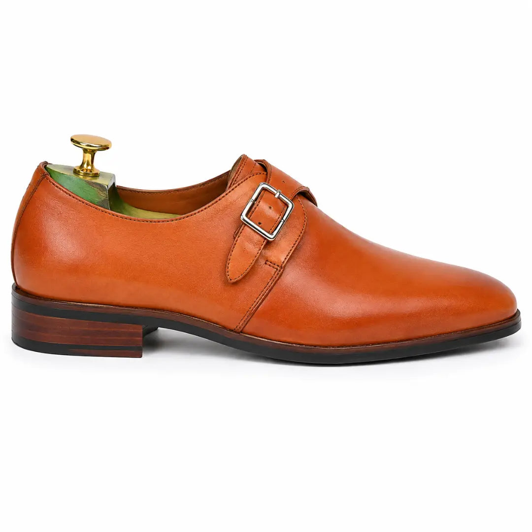 Side profile of the Mapple Monkstrap in tan leather on white background
