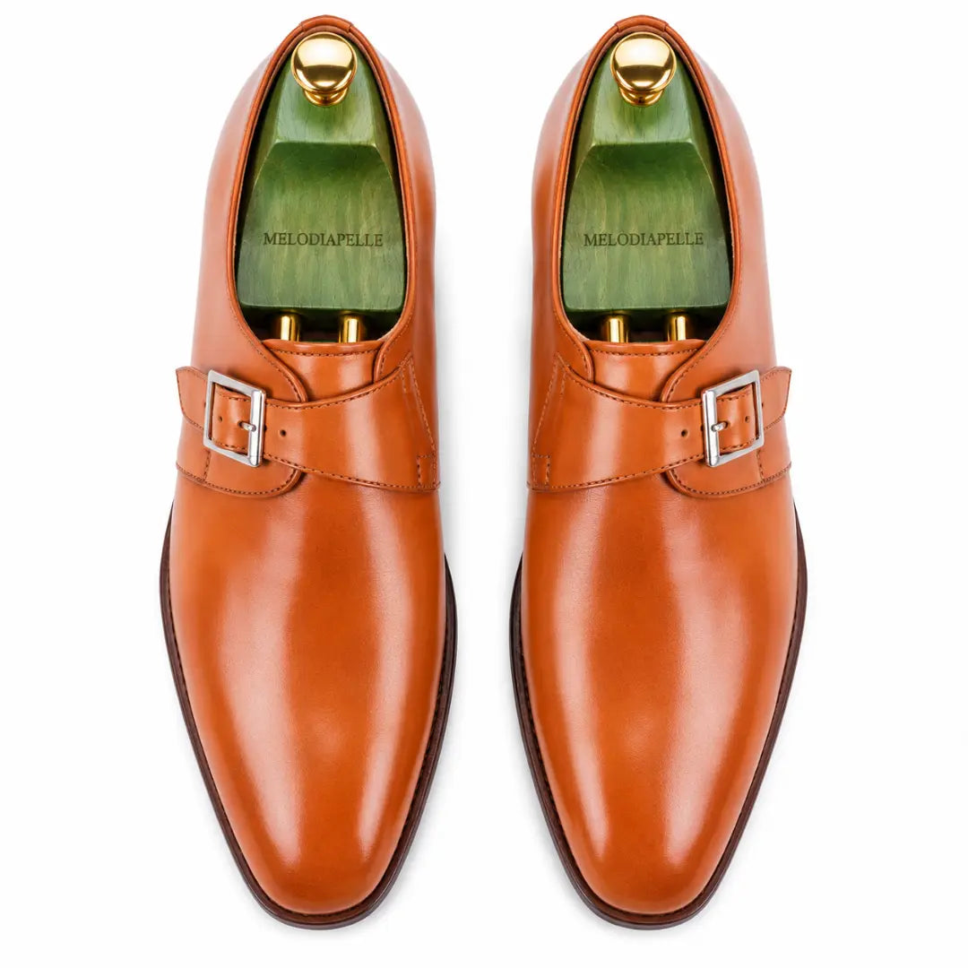 Melodiapelle Mapple Monkstrap in tan leather, pair top-down view, handcrafted in Agra