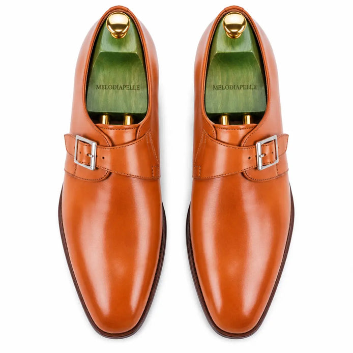 Melodiapelle Mapple Monkstrap in tan leather, pair top-down view, handcrafted in Agra