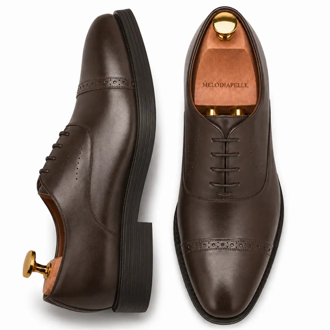 Brown leather semi-brogue Oxford, three-quarter angle showing heel and brogue detailing
