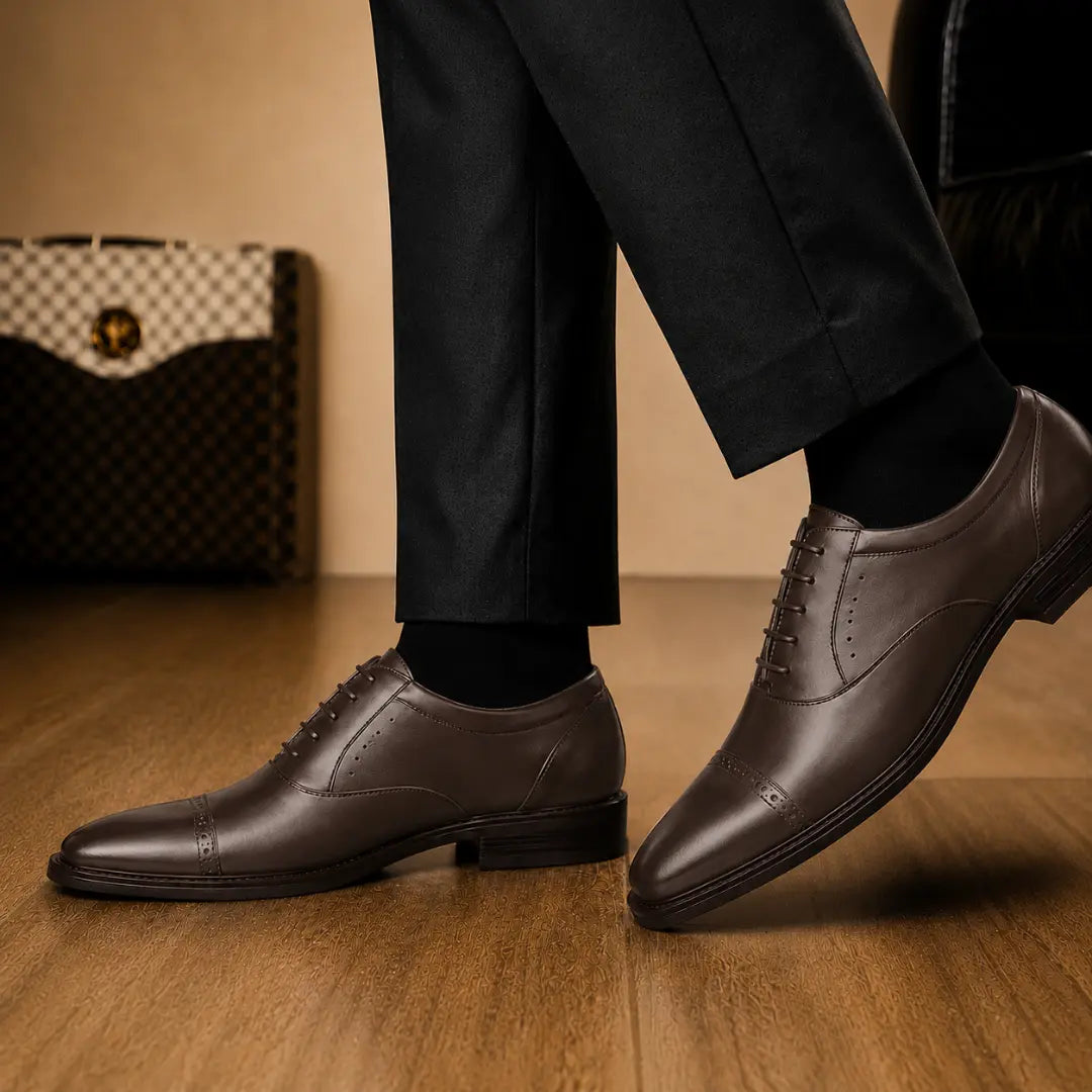 Melodiapelle Marcello Semi-Brogue Oxford in brown leather worn with formal trousers, on-feet shot