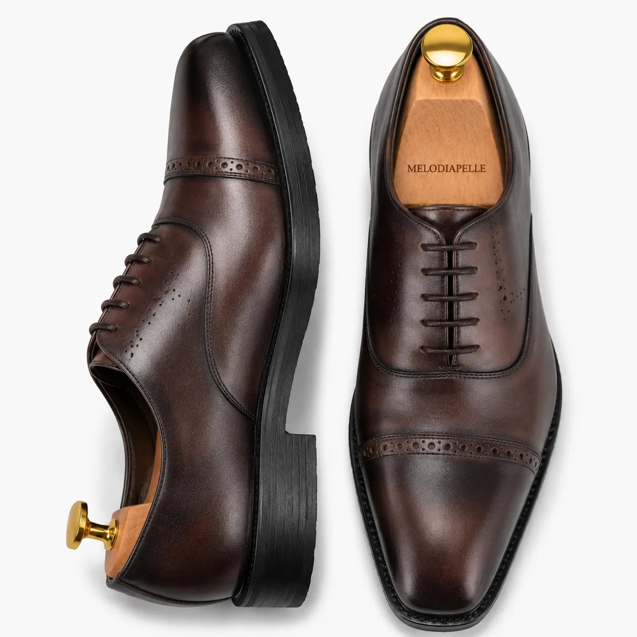 Marcello Semi-Brogue Oxford in chocolate brown leather, three-quarter angle showing heel and Goodyear-welted stitching