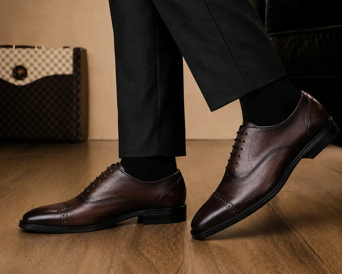 Marcello Semi-Brogue Oxford in chocolate brown leather worn with formal trousers, on-feet lifestyle shot