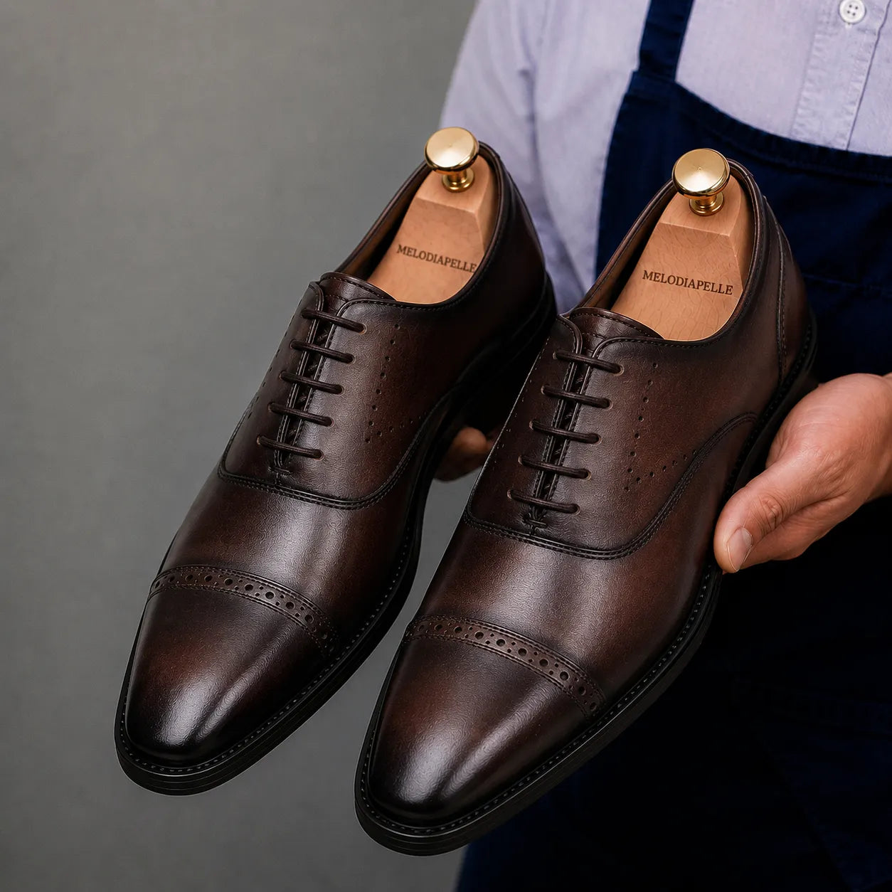 Man wearing Melodiapelle Marcello Semi-Brogue Oxford in chocolate brown, styled close-up
