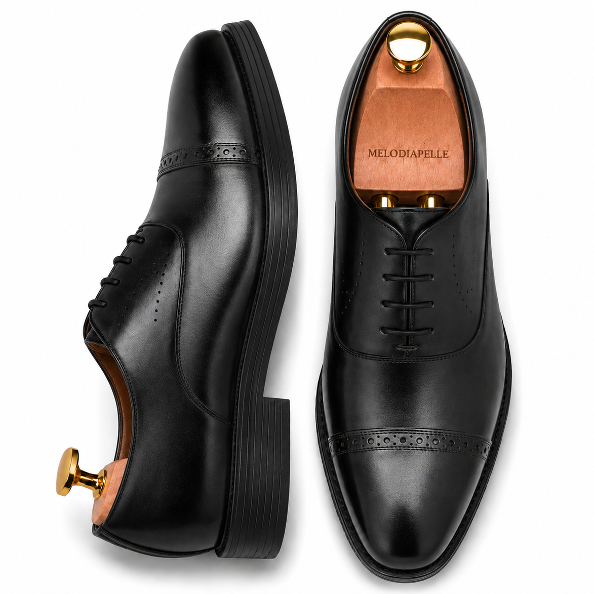 Marcello Semi-Brogue Oxford in black leather, three-quarter angle showing heel and Goodyear-welted stitching