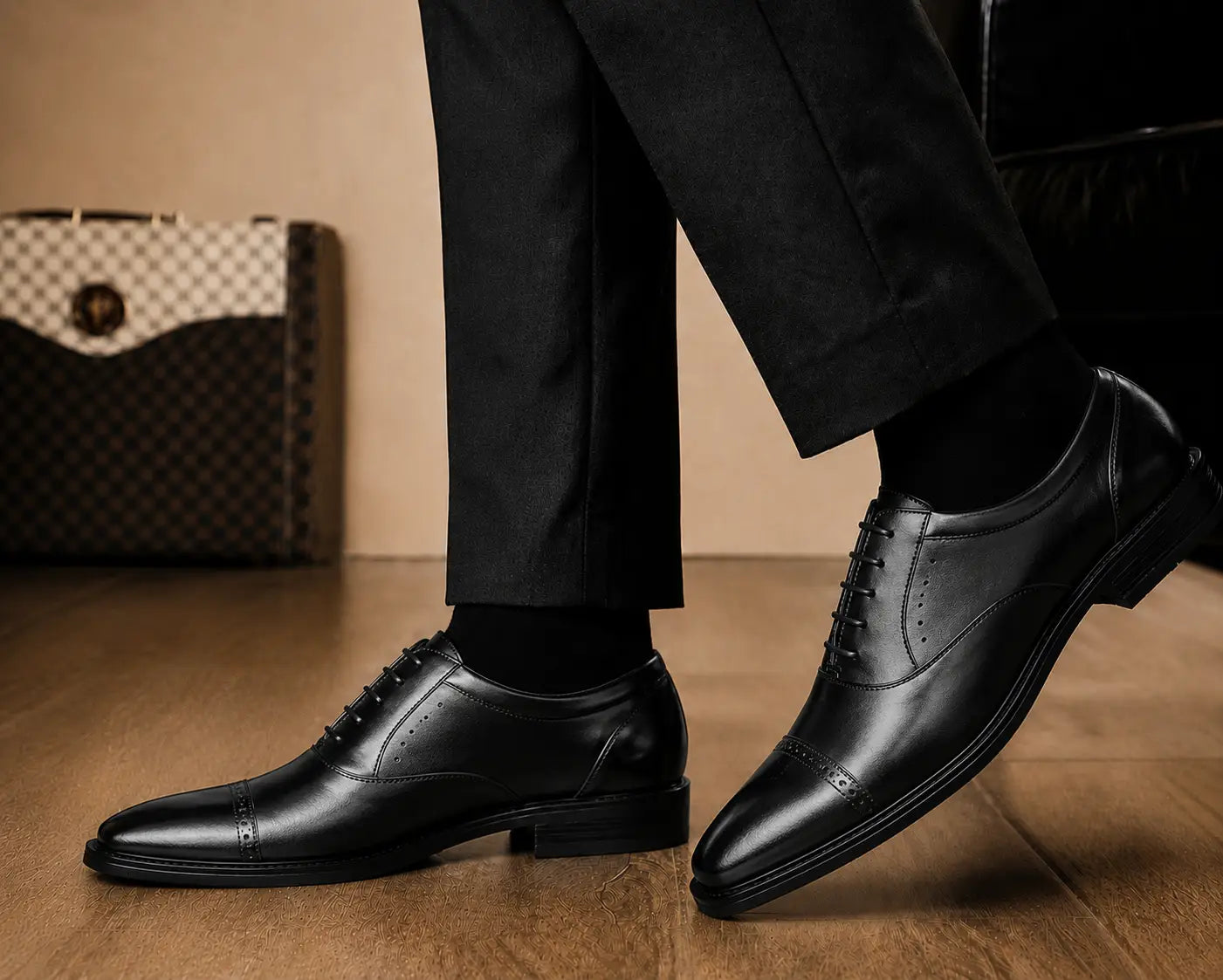 Marcello Semi-Brogue Oxford in nero black leather worn with formal trousers, on-feet lifestyle shot