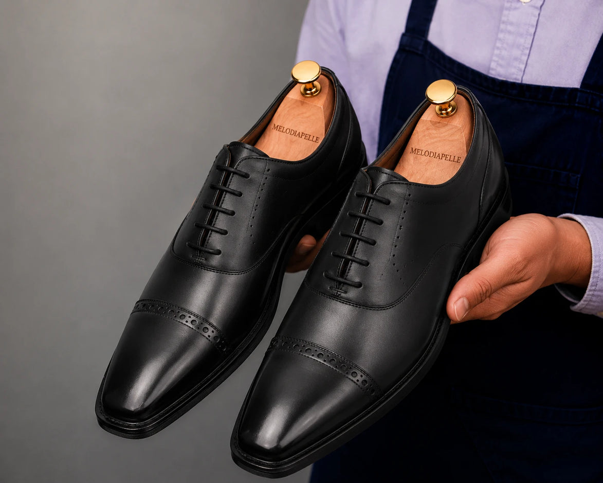Man wearing Melodiapelle Marcello Semi-Brogue Oxford in nero black, styled close-up