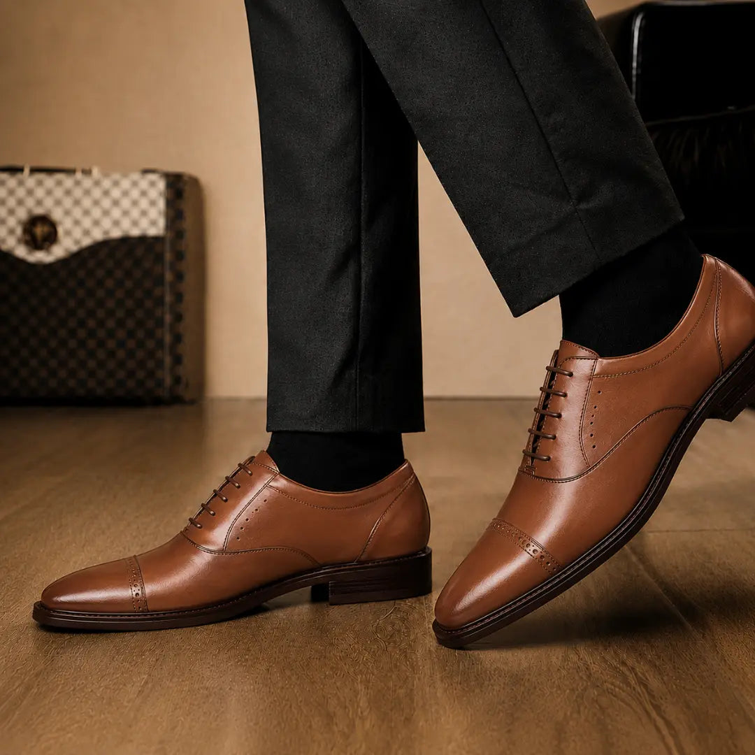 Melodiapelle Marcello Semi-Brogue Oxford in tan leather worn with formal trousers, on-feet shot