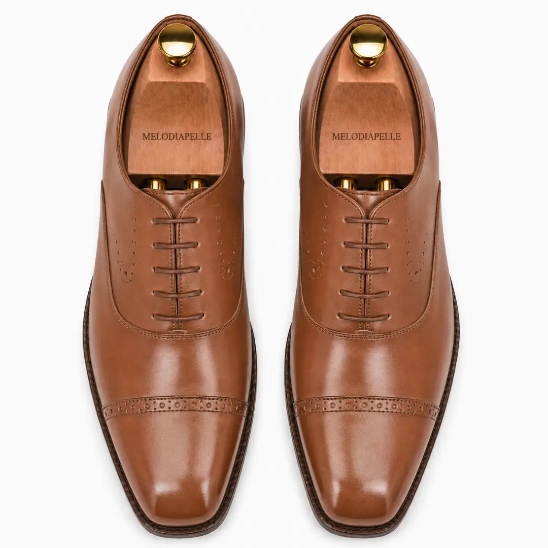 Melodiapelle Marcello Semi-Brogue Oxford in tan leather, pair top-down view, handcrafted in Agra