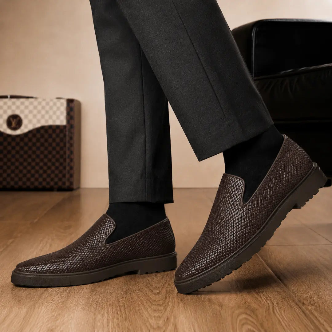 Melodiapelle Marengo Embossed Slip-On Sneaker in brown leather worn with trousers, on-feet shot
