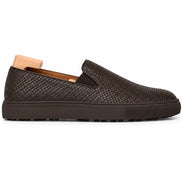 Side profile of the Marengo Embossed Slip-On Sneaker in brown leather on white background