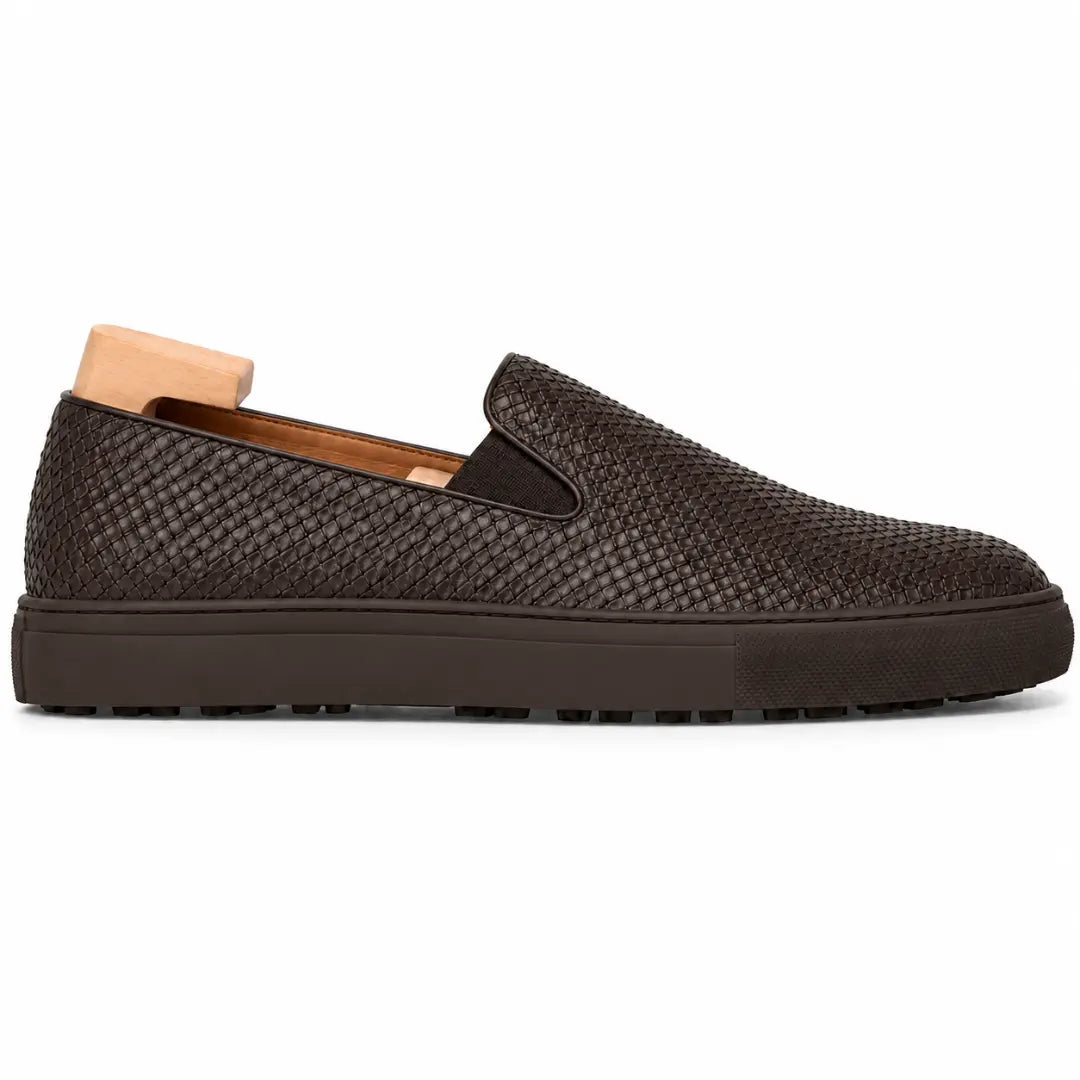 Side profile of the Marengo Embossed Slip-On Sneaker in brown leather on white background