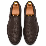 Melodiapelle Marengo Embossed Slip-On Sneaker in brown woven leather, pair top-down view, handcrafted in Agra