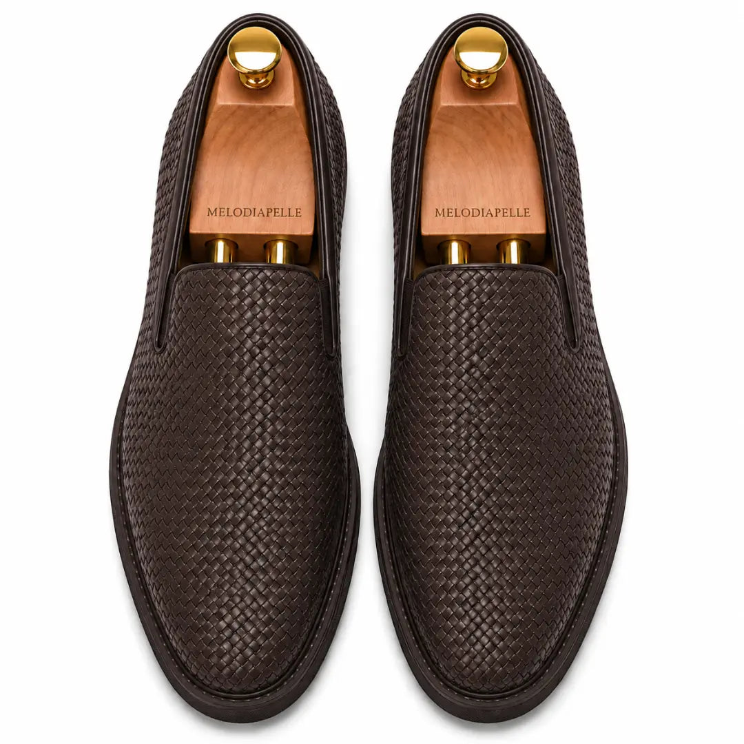 Melodiapelle Marengo Embossed Slip-On Sneaker in brown woven leather, pair top-down view, handcrafted in Agra