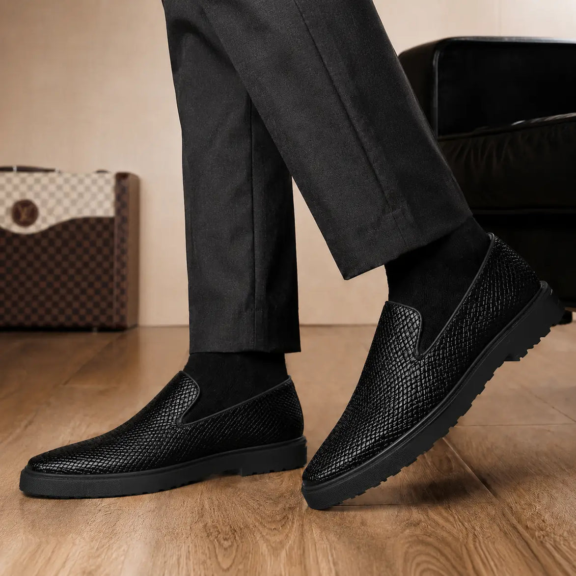  Melodiapelle Marengo Embossed Slip-On Sneaker in nero black leather worn with trousers, on-feet shot