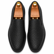 Melodiapelle Marengo Embossed Slip-On Sneaker in nero black woven leather, pair top-down view, handcrafted in Agra