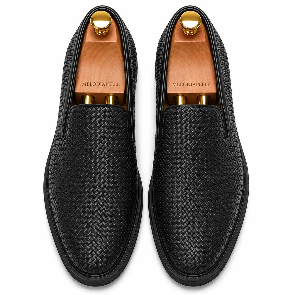 Melodiapelle Marengo Embossed Slip-On Sneaker in nero black woven leather, pair top-down view, handcrafted in Agra