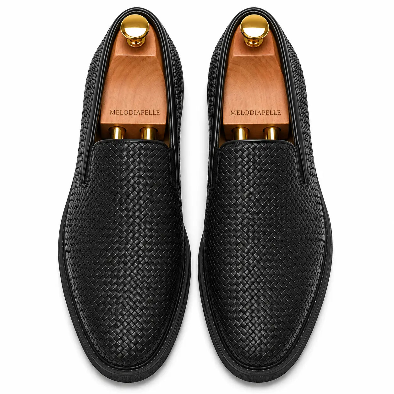 Melodiapelle Marengo Embossed Slip-On Sneaker in nero black woven leather, pair top-down view, handcrafted in Agra