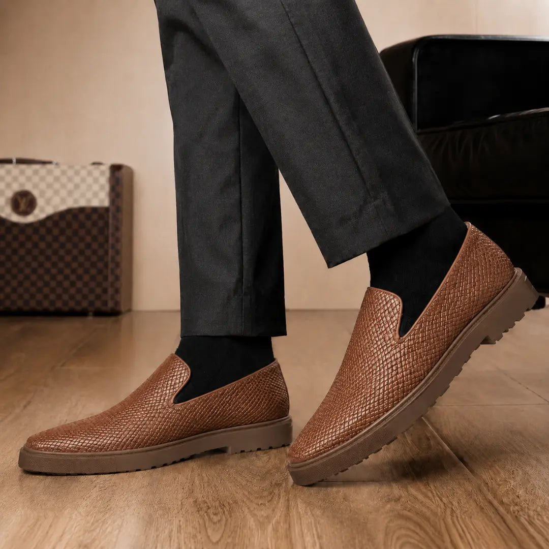 Melodiapelle Marengo Embossed Slip-On Sneaker in tan leather worn with trousers, on-feet shot