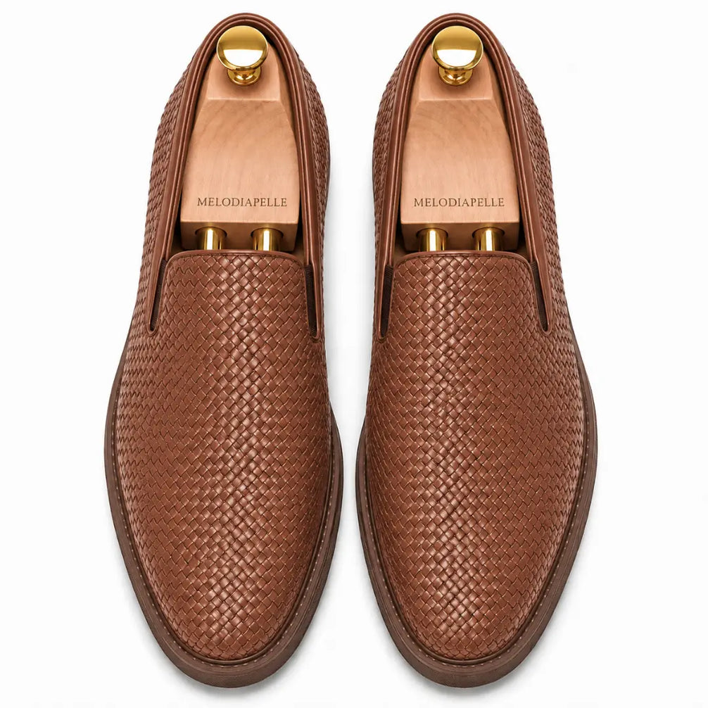 Melodiapelle Marengo Embossed Slip-On Sneaker in tan woven leather, pair top-down view, handcrafted in Agra