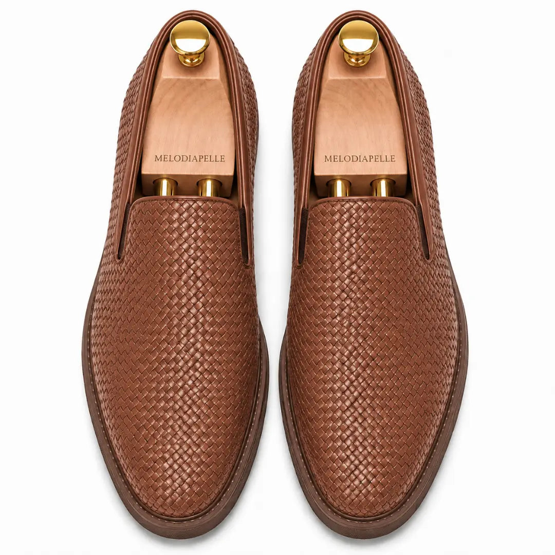Melodiapelle Marengo Embossed Slip-On Sneaker in tan woven leather, pair top-down view, handcrafted in Agra