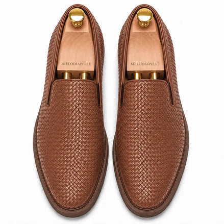 Melodiapelle Marengo Embossed Slip-On Sneaker in tan woven leather, pair top-down view, handcrafted in Agra