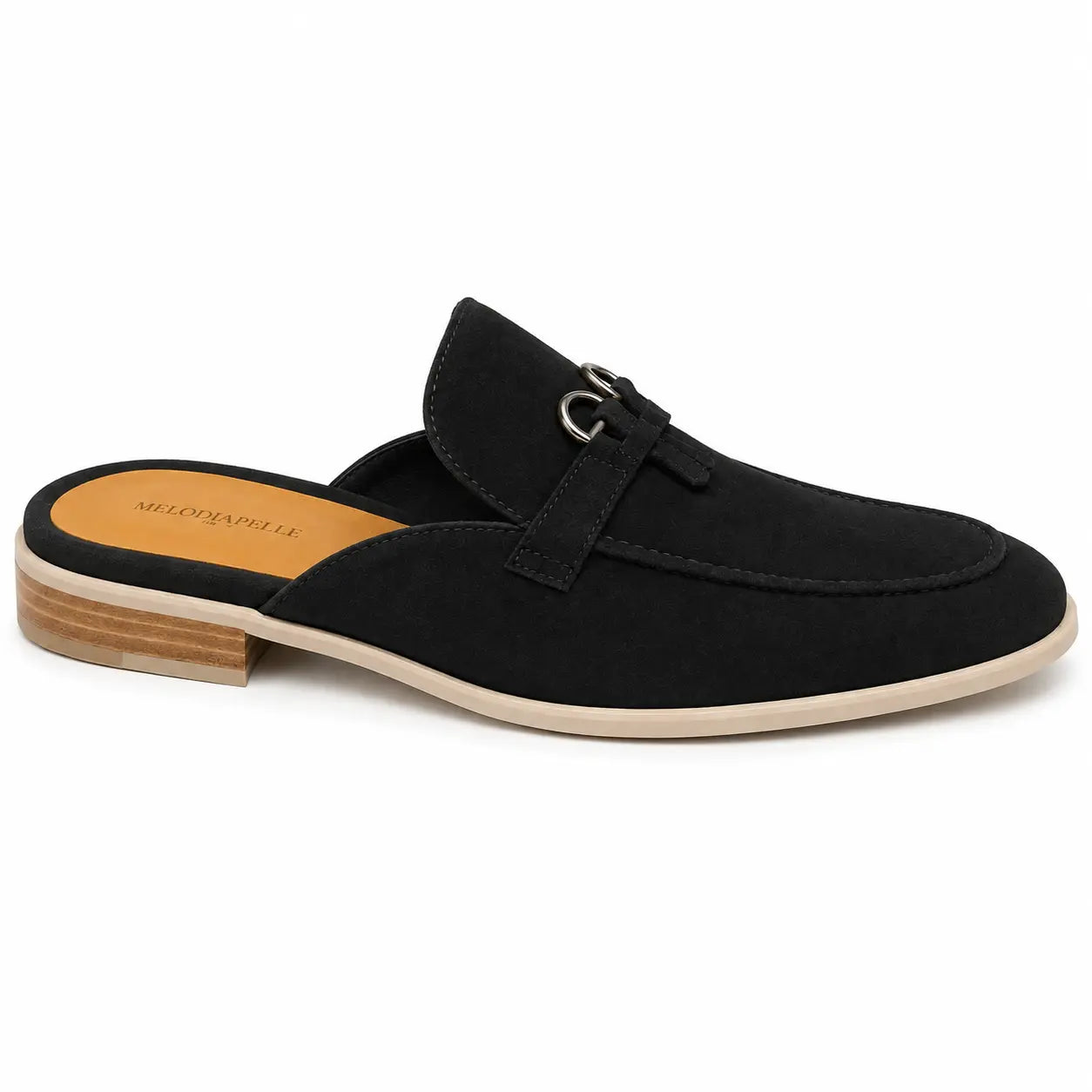 Side profile of the Maria Mule in black suede on white background