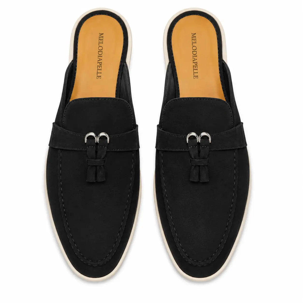 Melodiapelle Maria Mule in black suede, pair top-down view, handcrafted in Agra