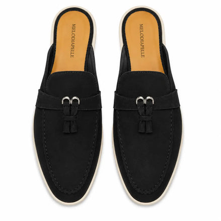 Melodiapelle Maria Mule in black suede, pair top-down view, handcrafted in Agra