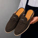 Man holding a pair of Melodiapelle Maria Mule shoes in dark brown suede, close-up